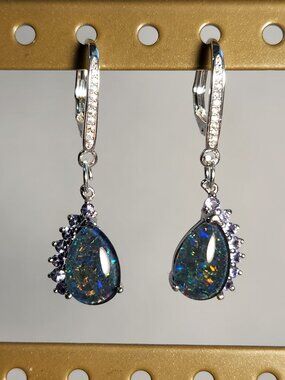 NIB BBJ 925 Genuine Australian Black Opal Natural Tanzanite Leverback Earrings